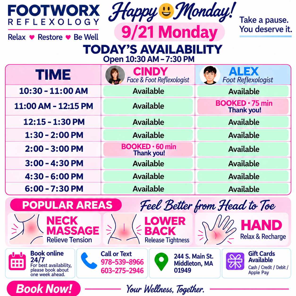 Footworx schedule for Monday, September 21, 2026. Cindy is booked 2:00–3:00 PM, Alex is booked 11:00 AM–12:15 PM, and the studio is open until 7:30 PM.