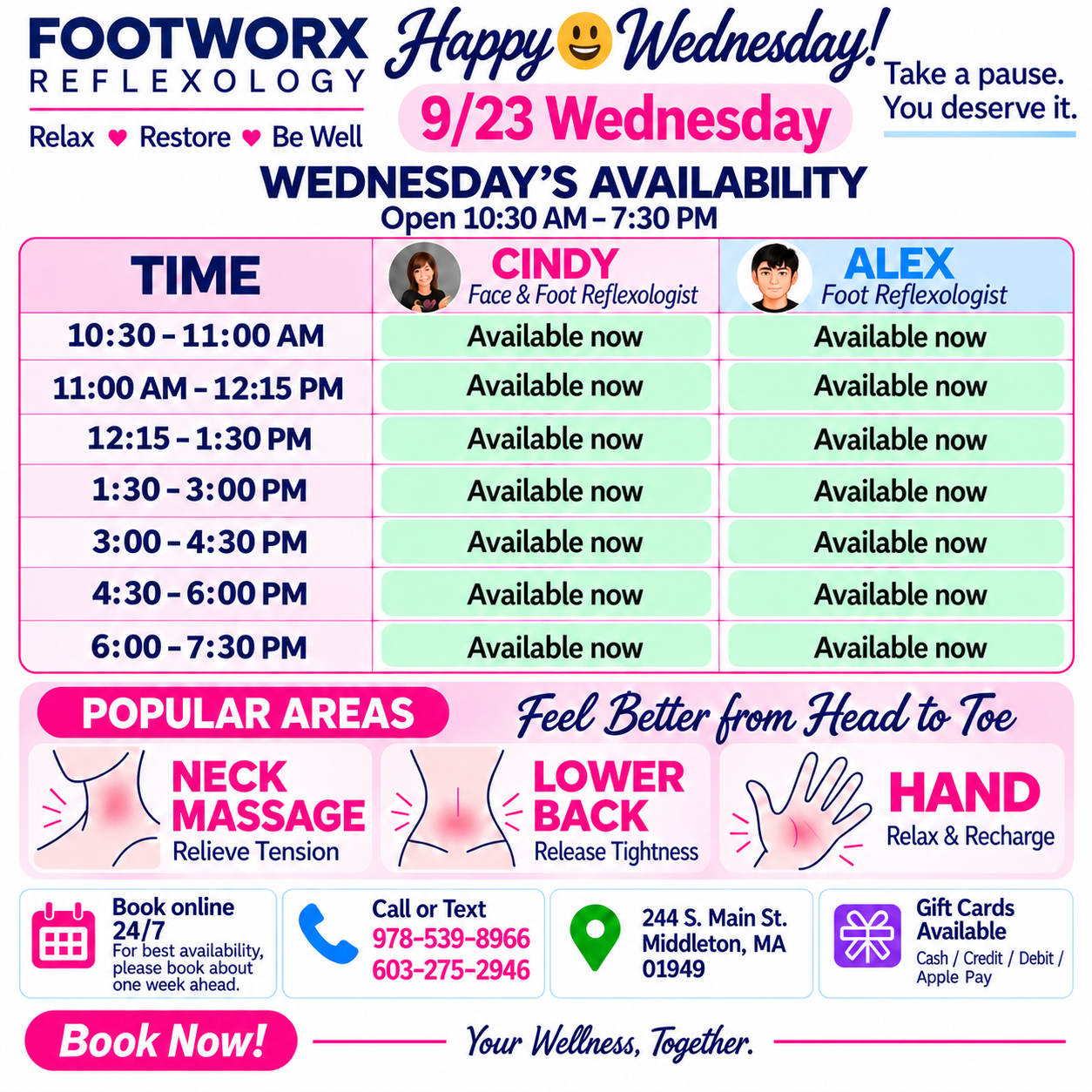 Footworx schedule for Wednesday, September 23, 2026. Cindy and Alex are both available from 10:30 AM to 7:30 PM.